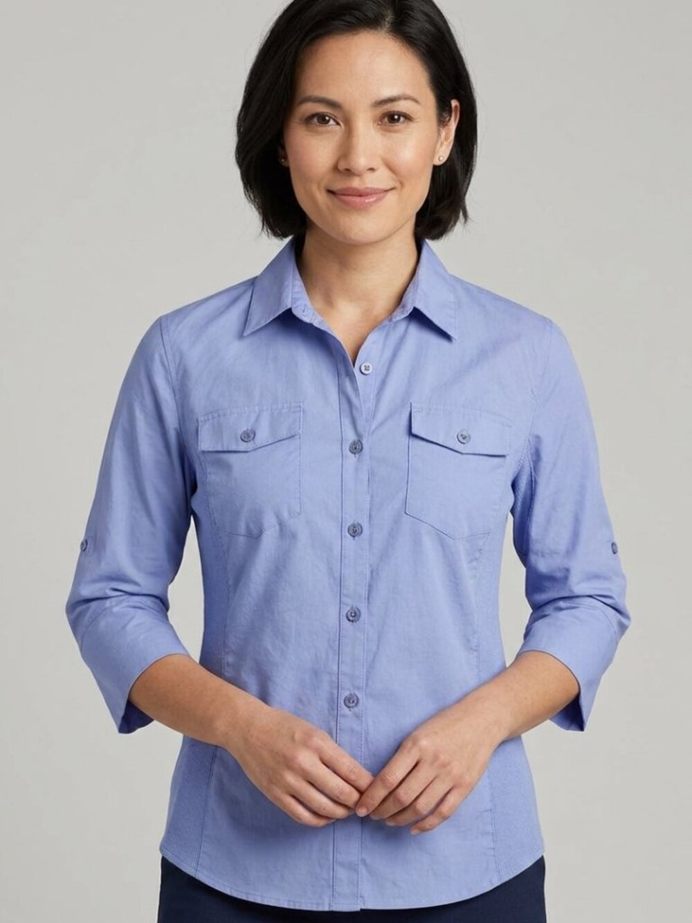Alfred Sung 100% Cotton Blue Shirt with Stretchy Panels